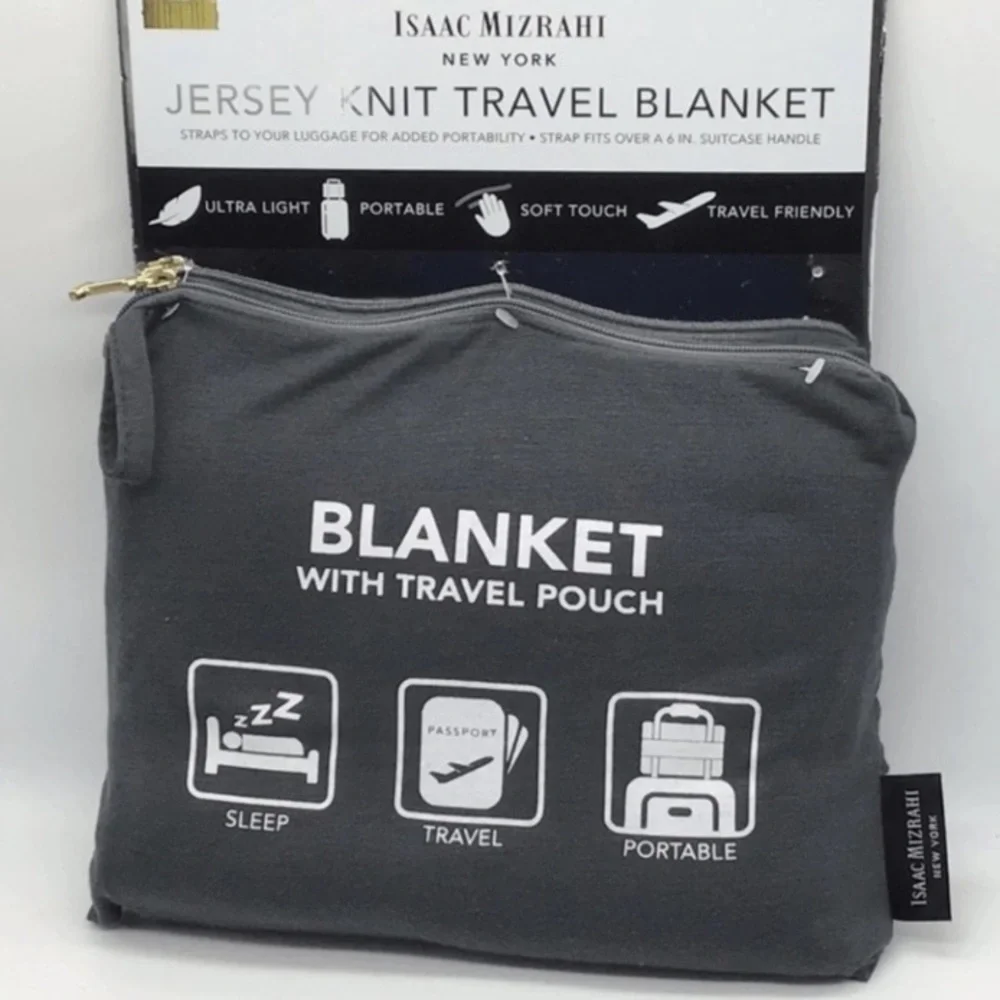 Isaac Mizrahi Travelers 2 Piece Set Knit Blanket + Bag Gray Tan Black Modern NEW